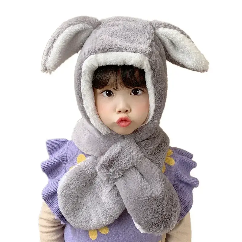Sweet Baby Hat Scarf in One for Boys Girls Cute Autumn Winter Cartoon Cute Rabbit Ear Plush Warm Hats Children's Windproof Cap
