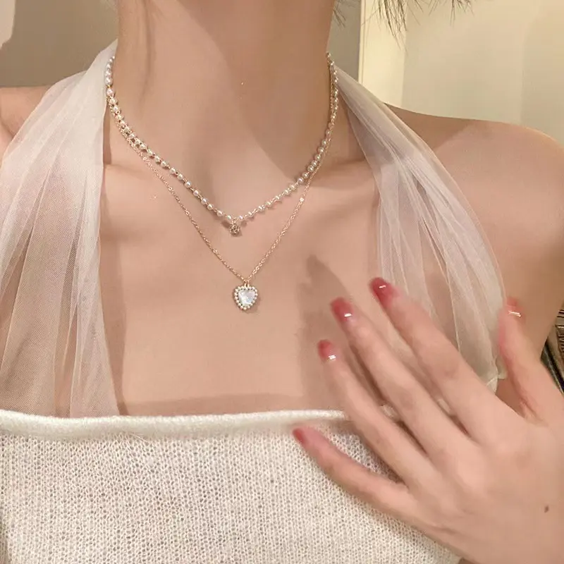 Fashion Korea Women's Neck Chain Kpop Pearl Choker Luxury Necklace Goth Chocker Jewelry Pearl Double-layer Heart-shaped Necklace