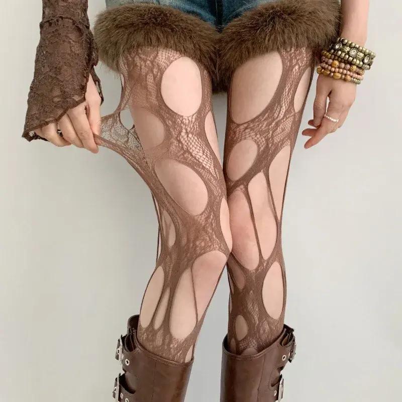 Fashion Gothic Women's Sexy Exposed Skin Tights Ripped Fishnet Thin Pantyhose Punk Y2K Hollowed Retro Lace Sexy Silk Stockings