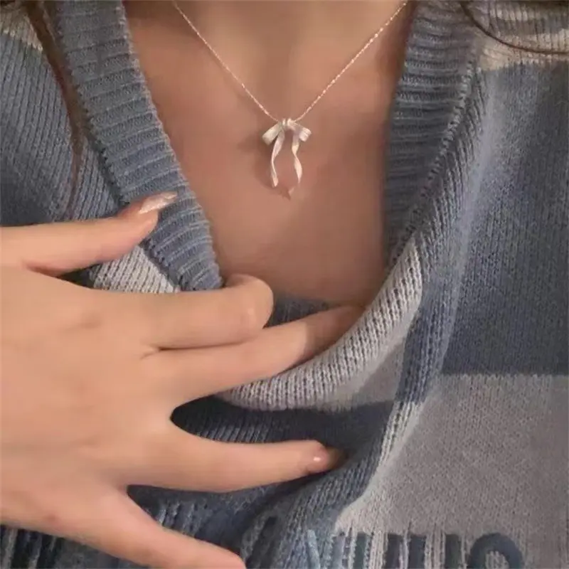 New Korean Exquisite Clavicle Chain Elegant Scrub Bow Fashion Pendant Necklace Student Women Girls Temperament Collar Chain