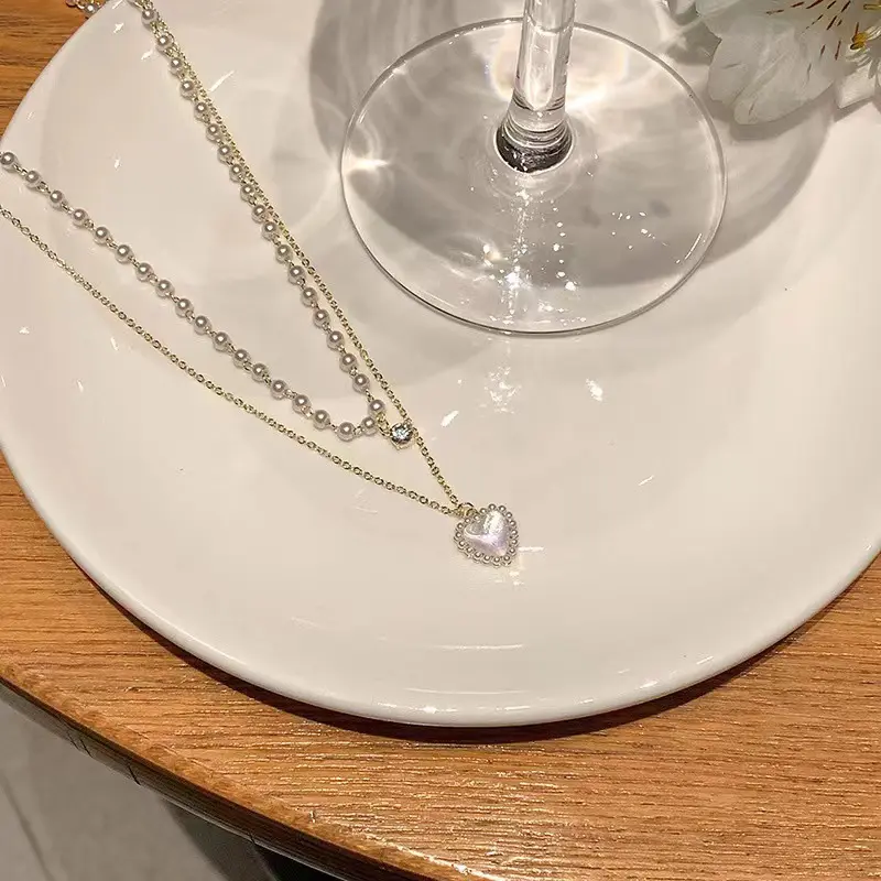 Fashion Korea Women's Neck Chain Kpop Pearl Choker Luxury Necklace Goth Chocker Jewelry Pearl Double-layer Heart-shaped Necklace