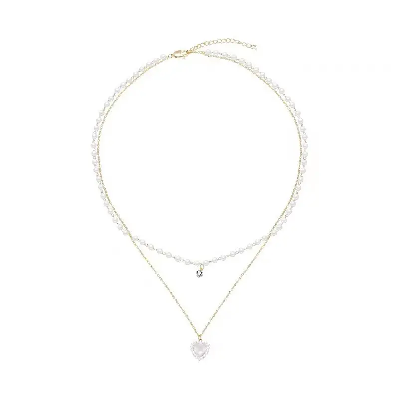 Fashion Korea Women's Neck Chain Kpop Pearl Choker Luxury Necklace Goth Chocker Jewelry Pearl Double-layer Heart-shaped Necklace