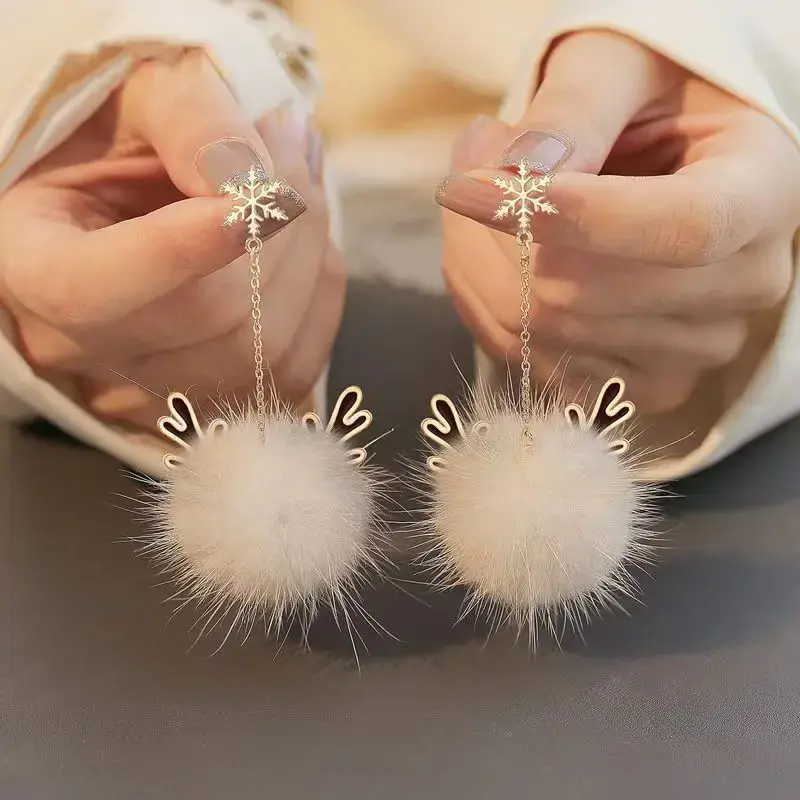 Snowflake Antler Hair Ball Earrings New High-quality Tassel Design Autumn and Winter Christmas Gift Ear Jewelry Wholesale