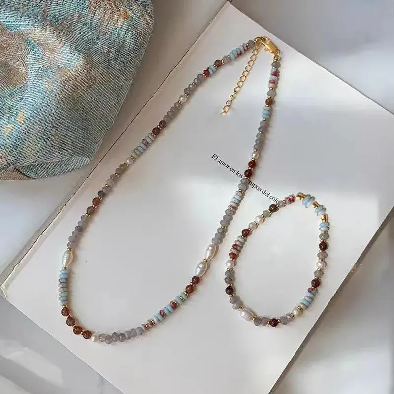 Fashion Elegant Handmade Woven Natural Stone Beadeds Chain Pearl Pendant Necklace Accessories Luxury Women Necks Fashion Jewelry