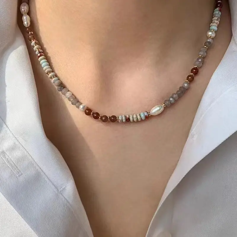 Fashion Elegant Handmade Woven Natural Stone Beadeds Chain Pearl Pendant Necklace Accessories Luxury Women Necks Fashion Jewelry