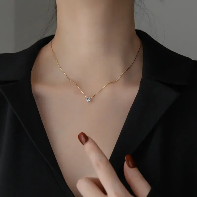 Fashion Dainty Minimalist Solitaire Zircon Charm Necklace Anti Tarnish Stainless Steel Chain Round Clear Cz Stone Necklace New