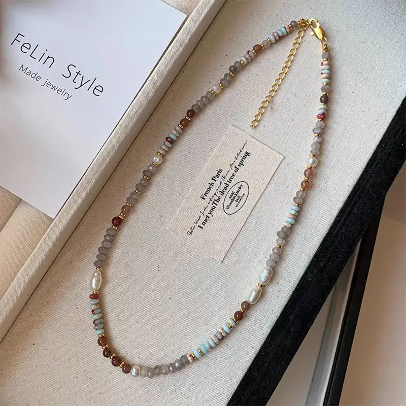 Fashion Elegant Handmade Woven Natural Stone Beadeds Chain Pearl Pendant Necklace Accessories Luxury Women Necks Fashion Jewelry