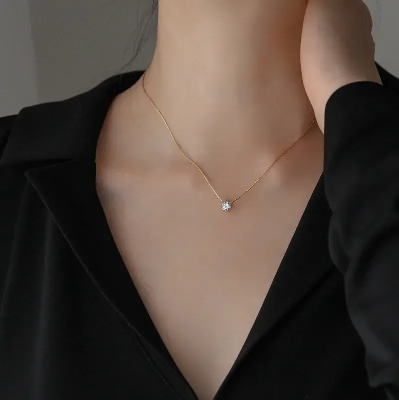 Fashion Dainty Minimalist Solitaire Zircon Charm Necklace Anti Tarnish Stainless Steel Chain Round Clear Cz Stone Necklace New