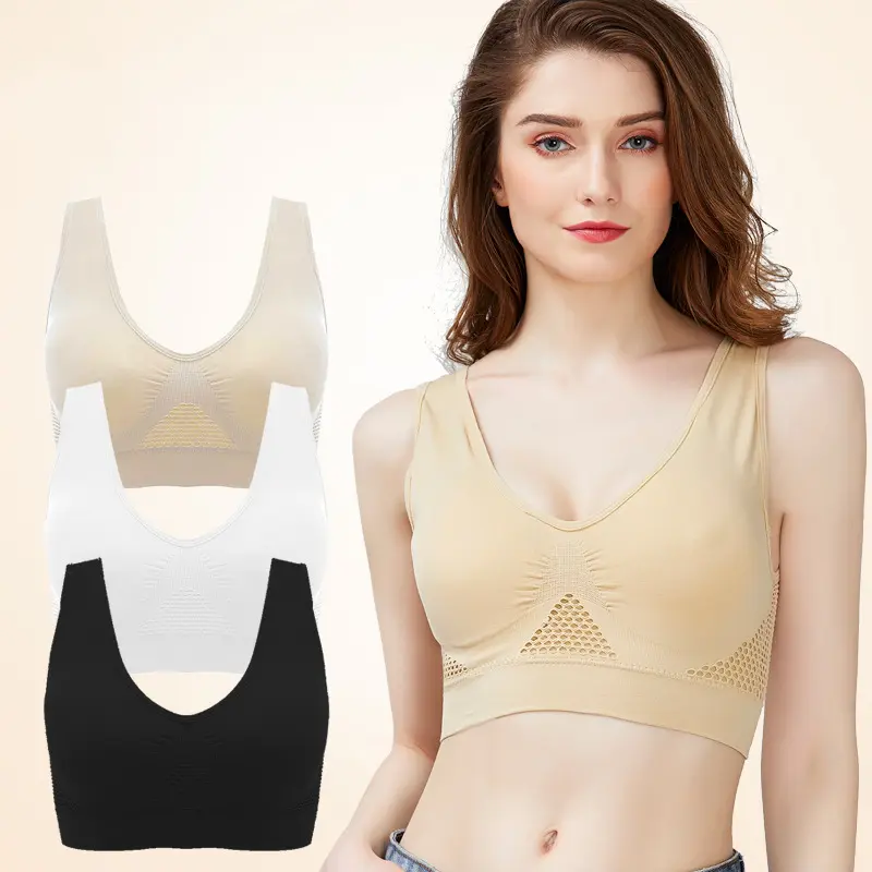 Women Sports Bra Breathable Shockproof Large Size No Steel Ring Seamless Underwear Chest Pad Runing Sport Hollow Mesh Vest Bras