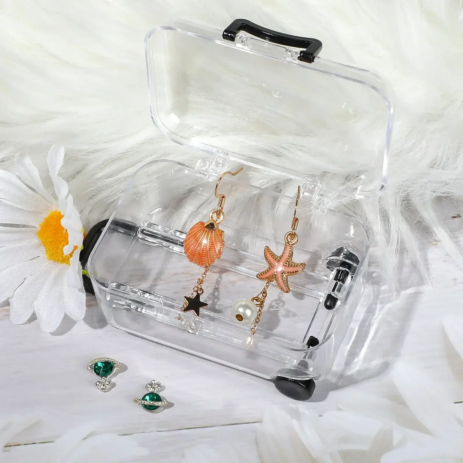 Creative Mini Transparent Plastic Suitcase Storage Boxes Retractable Wheels Jewelry Snack Organizer Cart Luggage Compartment