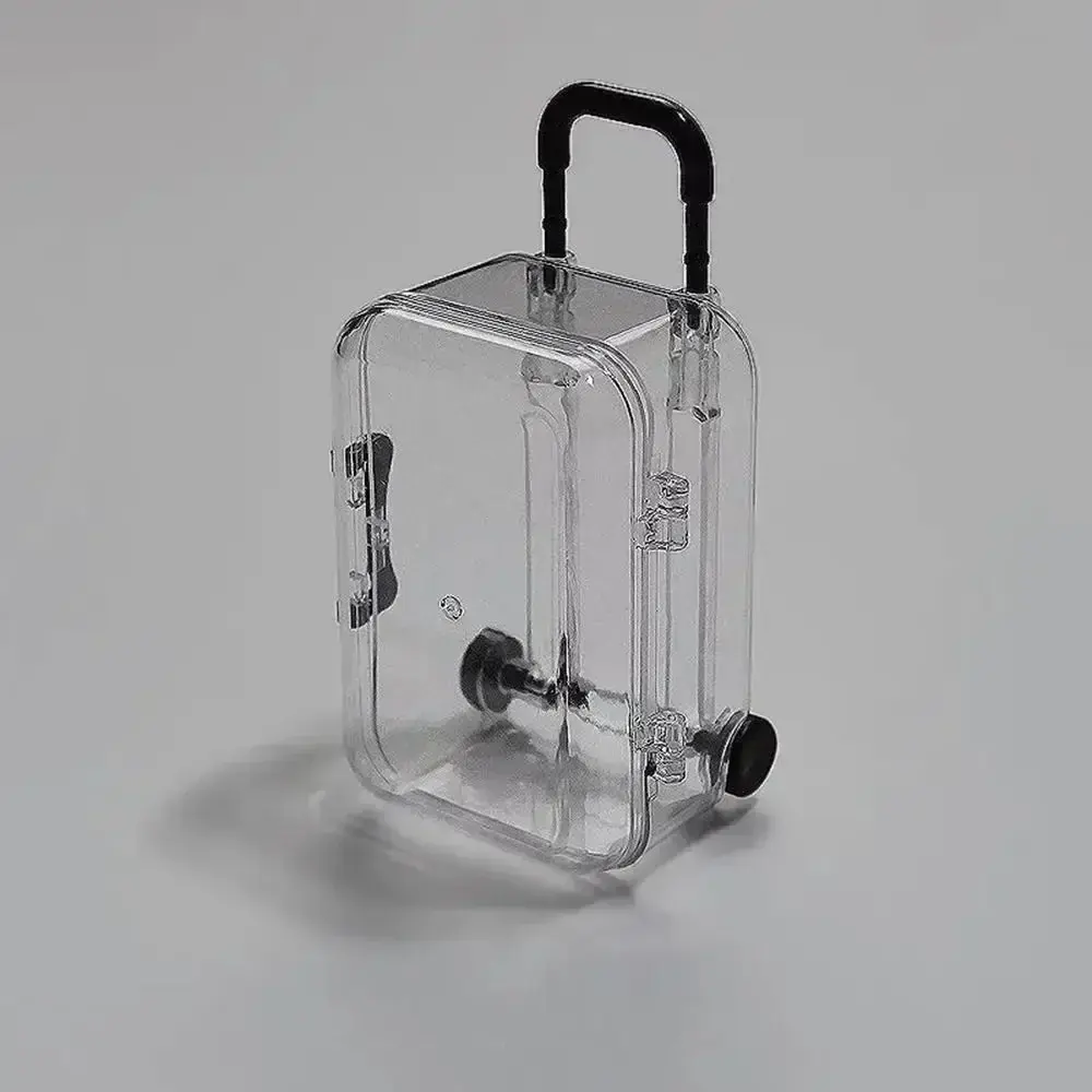 Creative Mini Transparent Plastic Suitcase Storage Boxes Retractable Wheels Jewelry Snack Organizer Cart Luggage Compartment