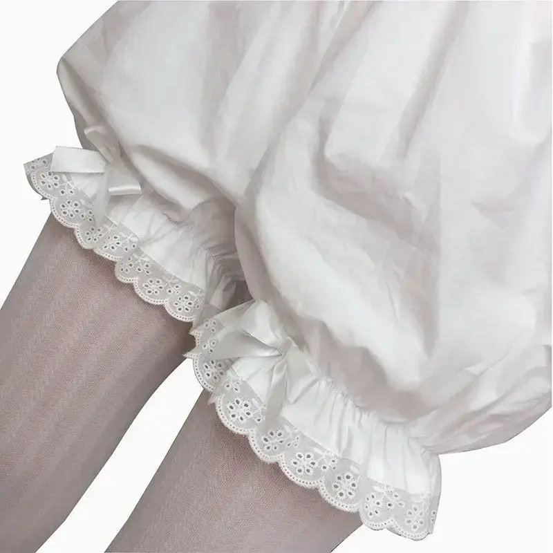 Sweet Cute Lace Bowknot White Ruffles Women Girl Kawaii Panties Lolita Safety Shorts Pants Elastic Vintage Victorian Bloomers