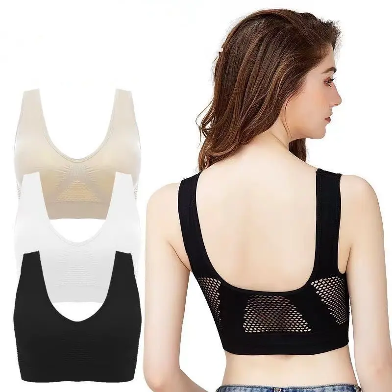 Women Sports Bra Breathable Shockproof Large Size No Steel Ring Seamless Underwear Chest Pad Runing Sport Hollow Mesh Vest Bras