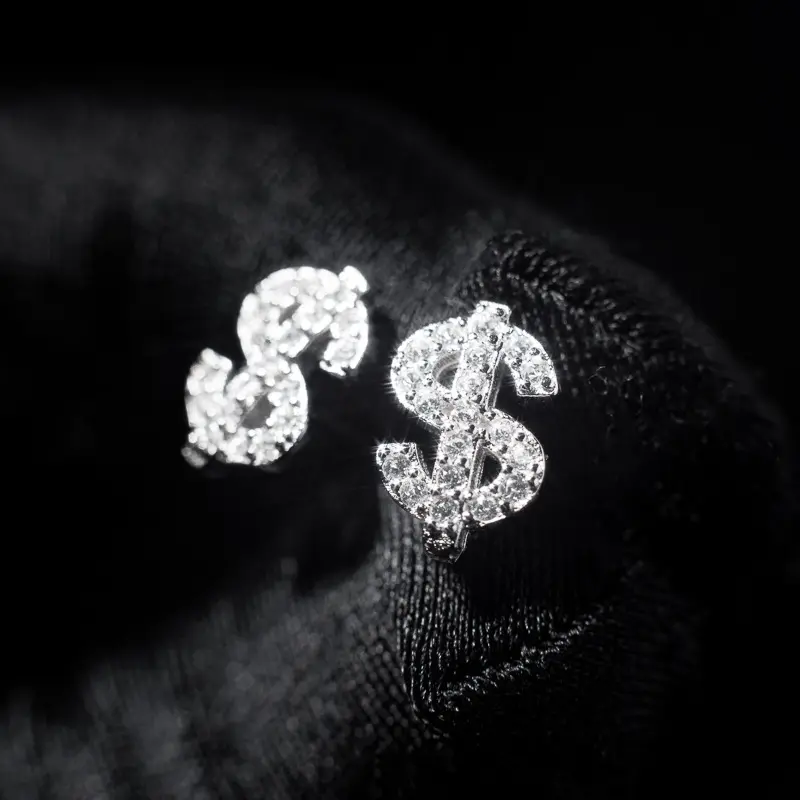 Fashion Stainless Steel Hip Hop Jewelry Sparkling Stud Earring Iced Out Zircon Dollar Sign Gold Plated Earrings Women Earrings