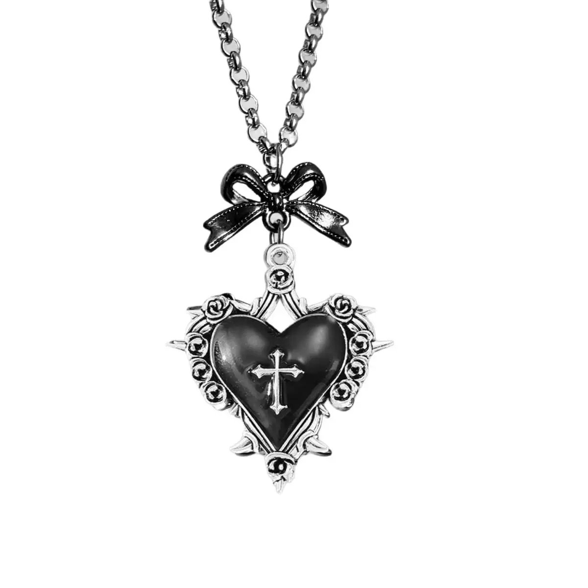 Fashion Gothic Cross Heart Necklace Women Pagan Witchcraft Jewelry Accessories Gift Bow Retro Rose Heart Pendant Choker