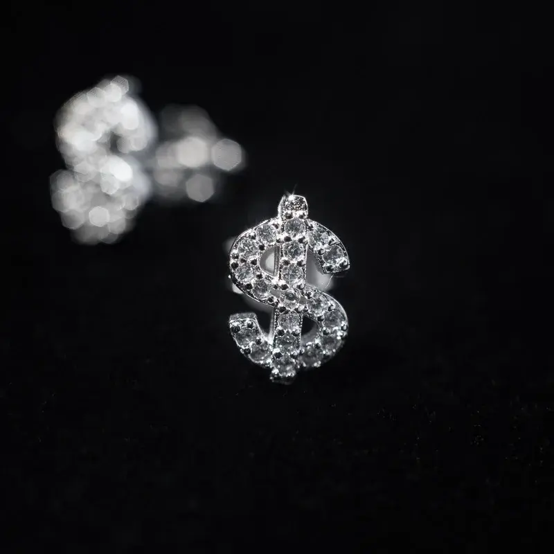 Fashion Stainless Steel Hip Hop Jewelry Sparkling Stud Earring Iced Out Zircon Dollar Sign Gold Plated Earrings Women Earrings