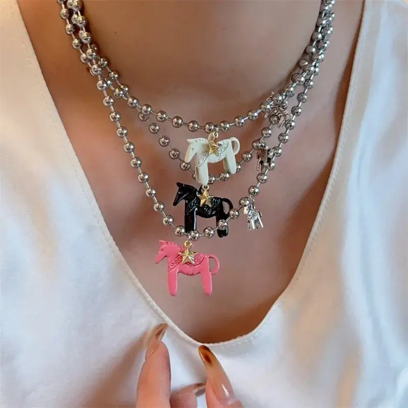 New Fashion Funny White Black Rose Red Color Pentagram Enamel Colt Horse Pendant Necklaces Women Metal Beads Chain Chokers