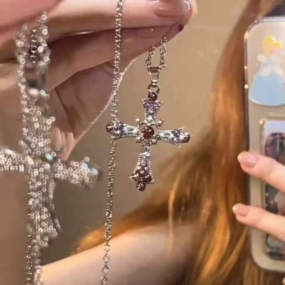 Fashion Pink Y2K Retro Cross Pendant Necklace Hip Hop Goth Women Religious Chain Necklaces Girls Punk Party Trendy Jewelry Gifts