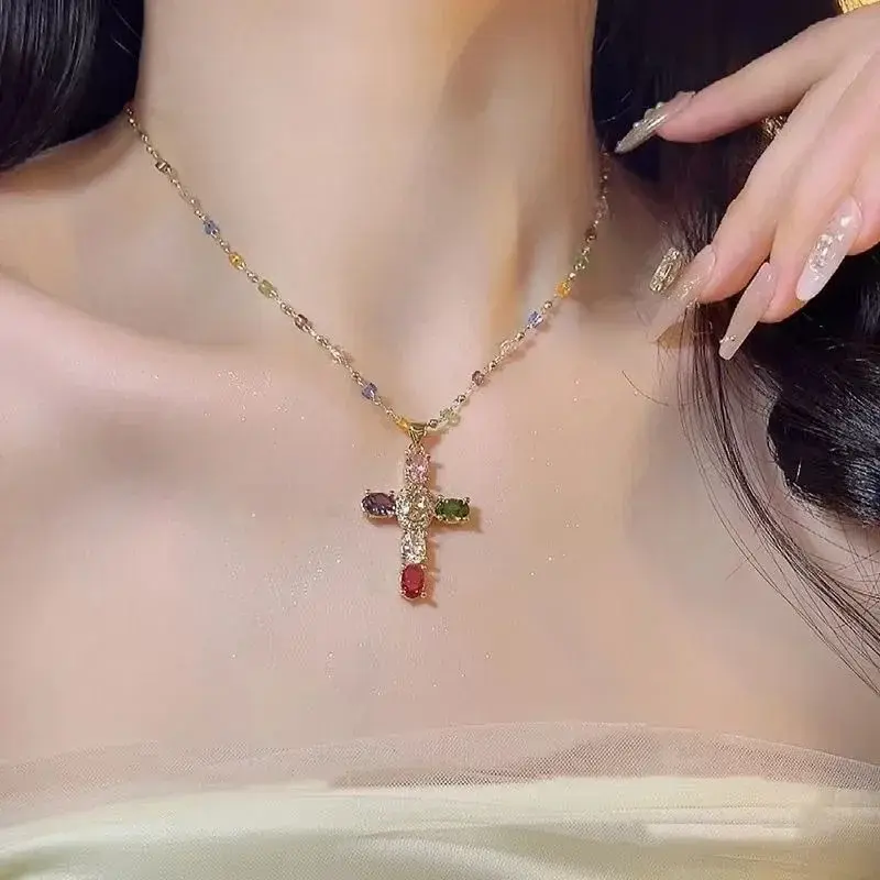 New Colorful Crystal Cross Pendant Necklace for Women Personalized Fashionable Daily Accessories Party Jewelry Birthday Gifts
