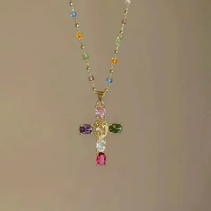 New Colorful Crystal Cross Pendant Necklace for Women Personalized Fashionable Daily Accessories Party Jewelry Birthday Gifts