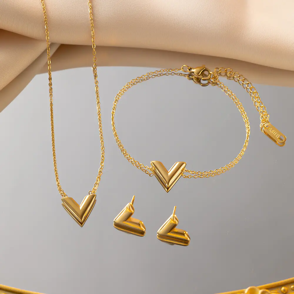 New Fashion Simple V-shaped Stainless Steel Bracelet Necklace Earrings Set Exquisite Personality Pendant Design Women Jewelry