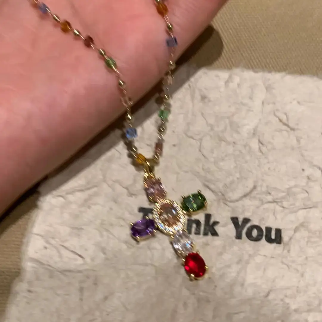 New Colorful Crystal Cross Pendant Necklace for Women Personalized Fashionable Daily Accessories Party Jewelry Birthday Gifts