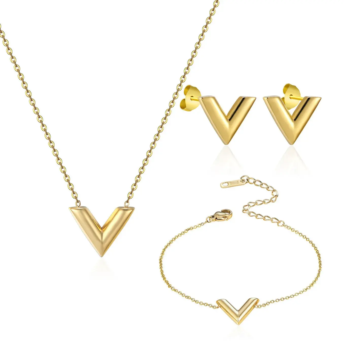 New Fashion Simple V-shaped Stainless Steel Bracelet Necklace Earrings Set Exquisite Personality Pendant Design Women Jewelry