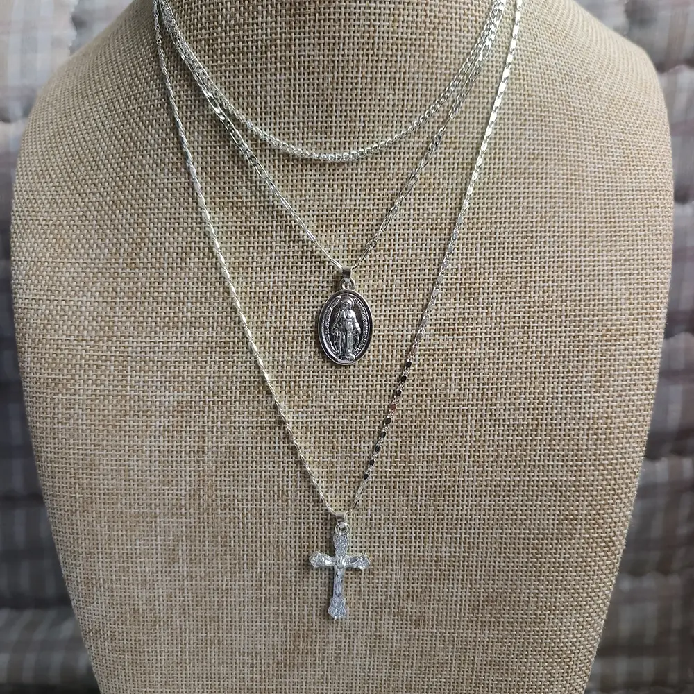 Fashion Three Layer Cross Necklace Oval-shaped Virgin Mary Madonna Pendant Jesus Cross Metal Plated Chain Women Gift