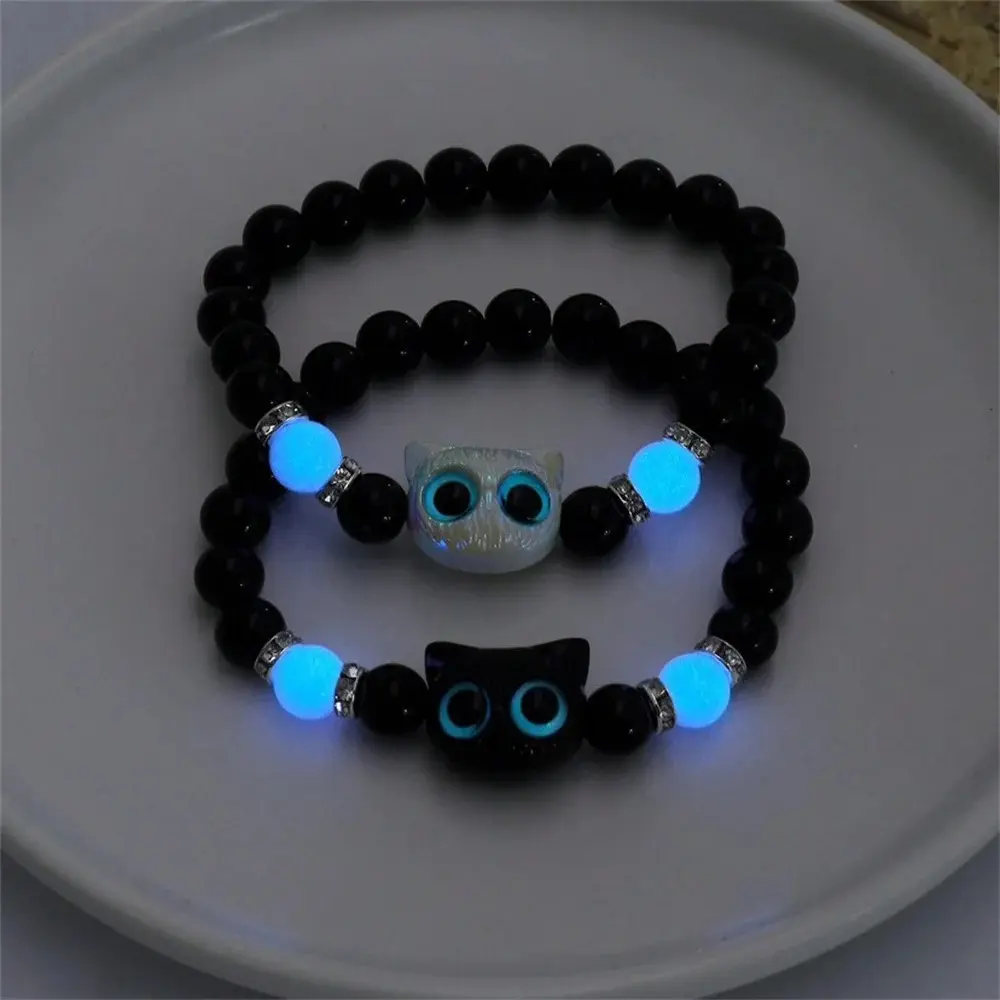 1/2pcs Matching Bracelets Necklace Couples Women Men Luminous Cat Friendship Bracelete Black White Cat Head Noctilucent Bangles