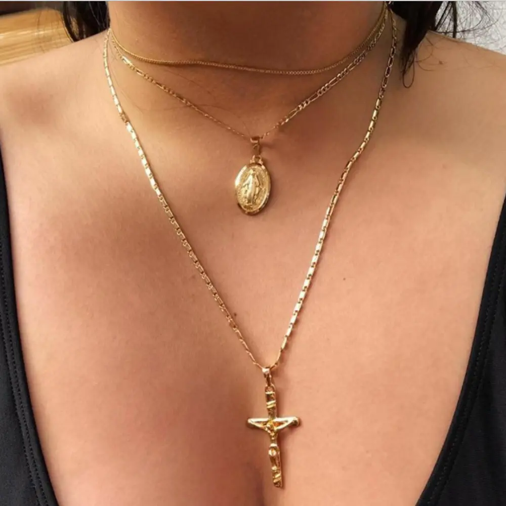 Fashion Three Layer Cross Necklace Oval-shaped Virgin Mary Madonna Pendant Jesus Cross Metal Plated Chain Women Gift