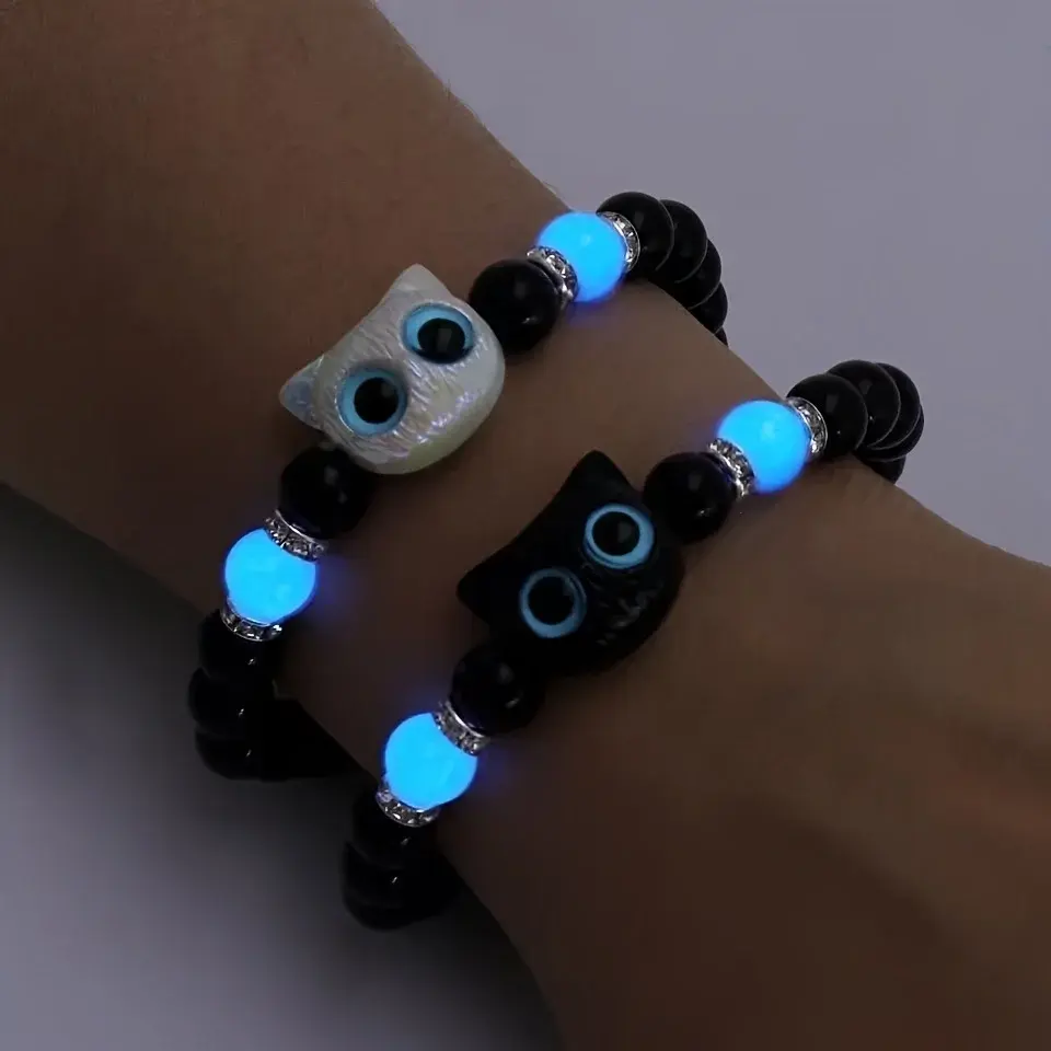 1/2pcs Matching Bracelets Necklace Couples Women Men Luminous Cat Friendship Bracelete Black White Cat Head Noctilucent Bangles