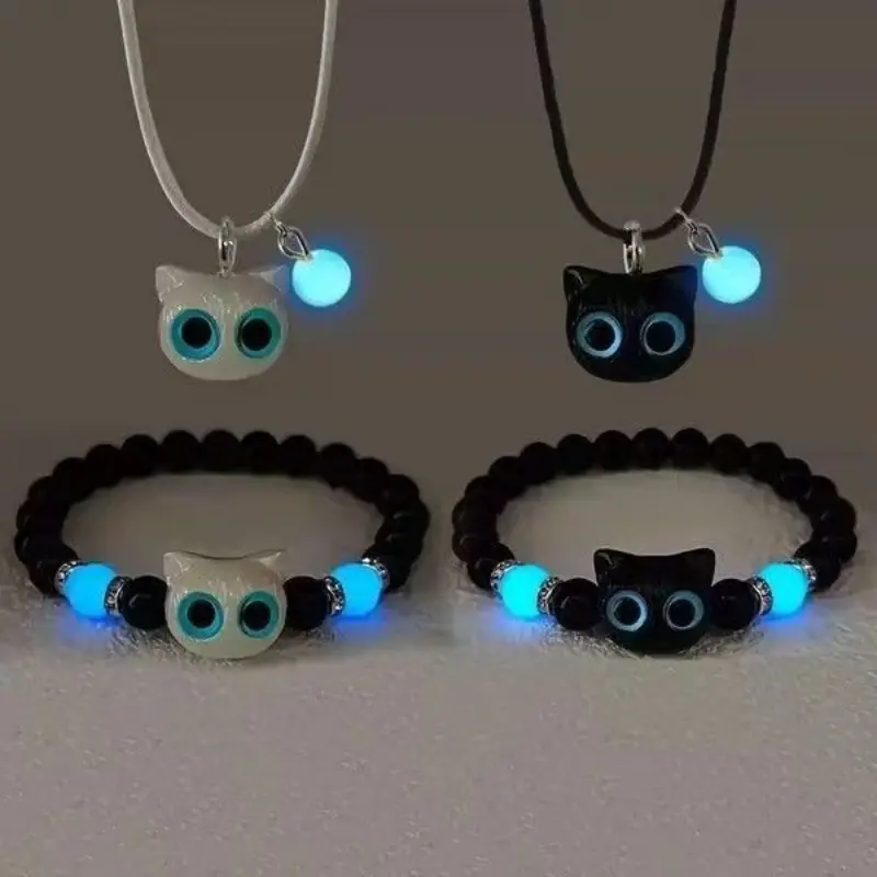 1/2pcs Matching Bracelets Necklace Couples Women Men Luminous Cat Friendship Bracelete Black White Cat Head Noctilucent Bangles