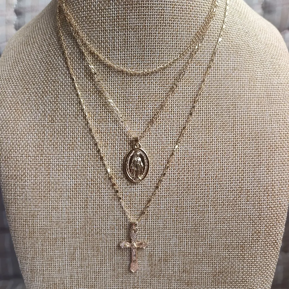 Fashion Three Layer Cross Necklace Oval-shaped Virgin Mary Madonna Pendant Jesus Cross Metal Plated Chain Women Gift