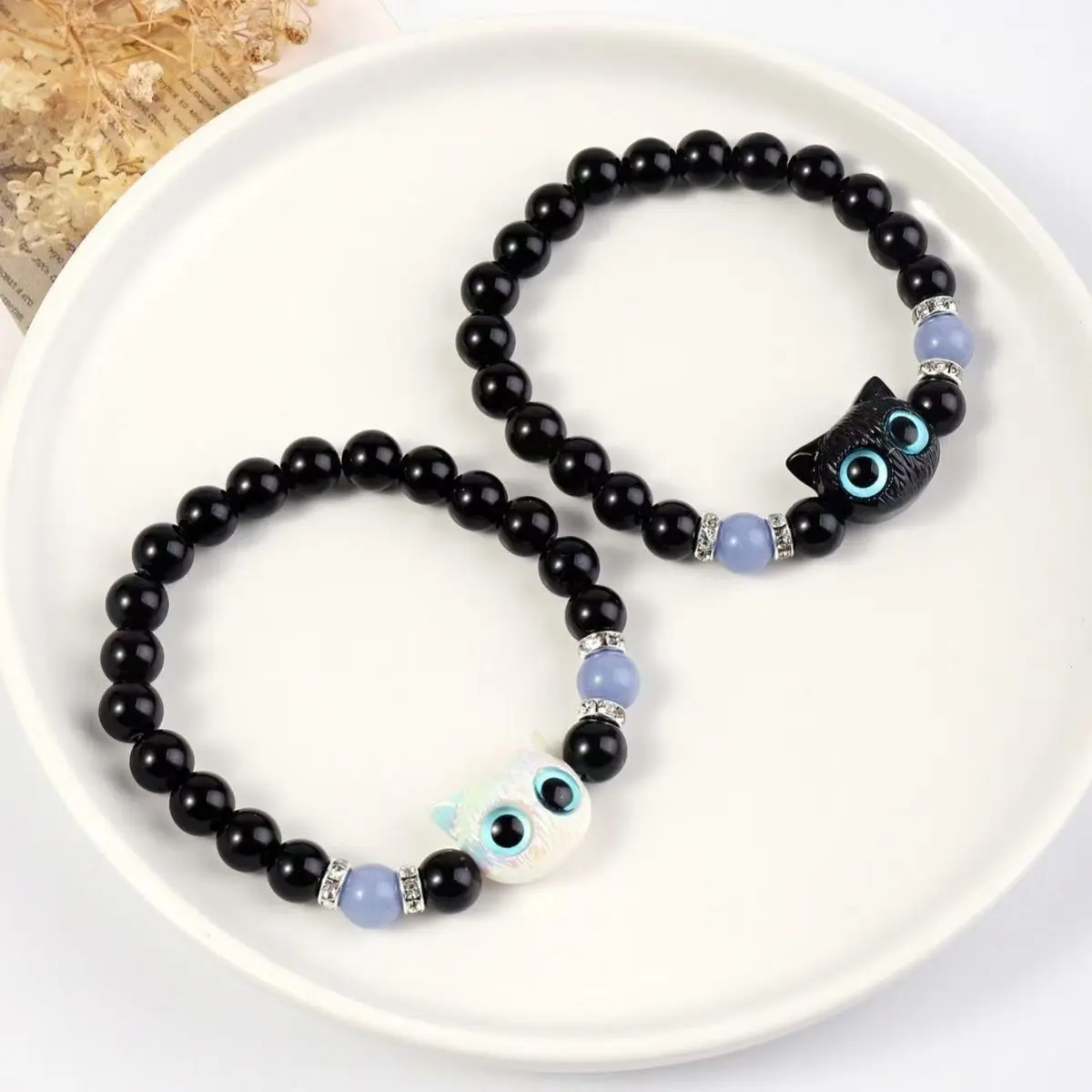 1/2pcs Matching Bracelets Necklace Couples Women Men Luminous Cat Friendship Bracelete Black White Cat Head Noctilucent Bangles