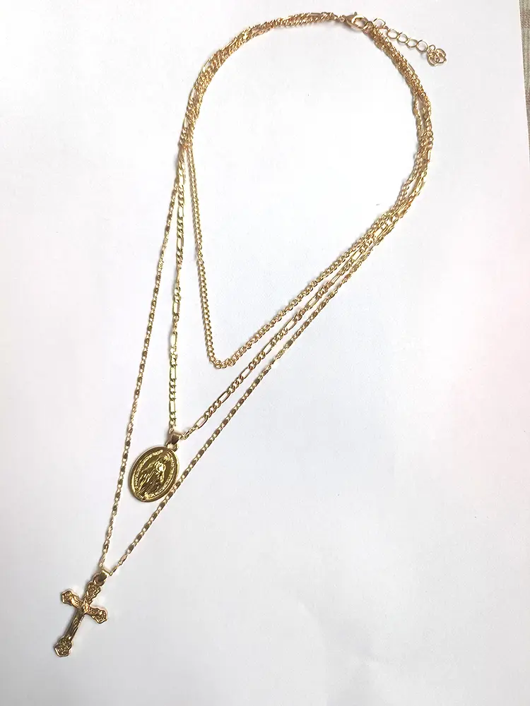 Fashion Three Layer Cross Necklace Oval-shaped Virgin Mary Madonna Pendant Jesus Cross Metal Plated Chain Women Gift