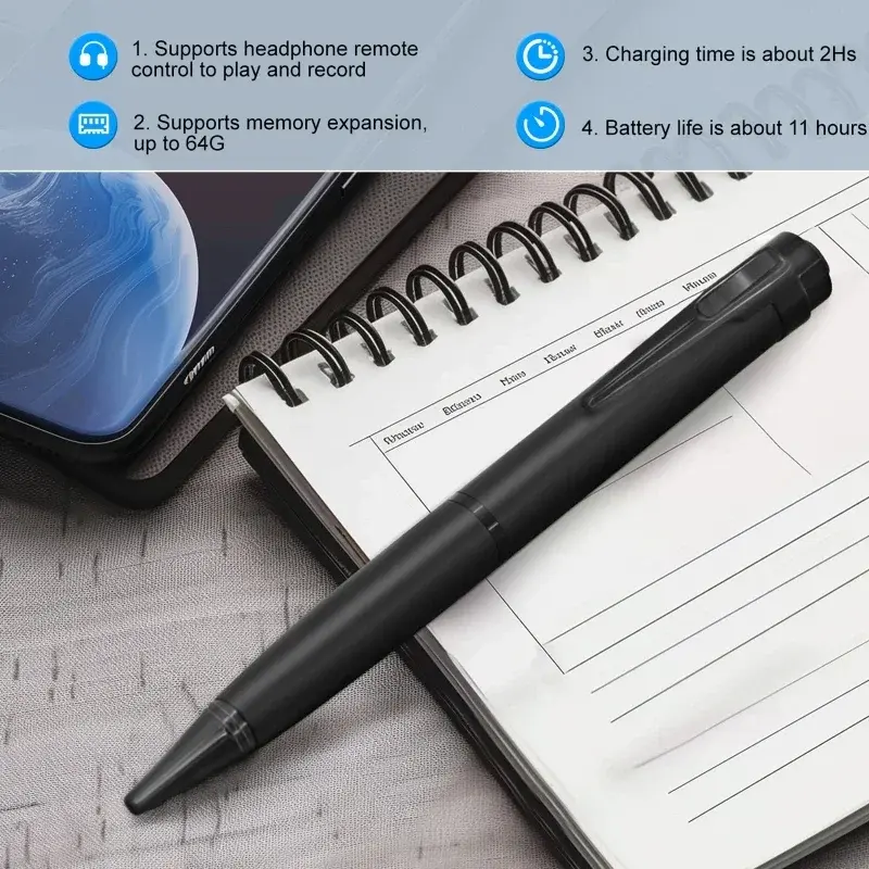 One-Touch Recording/Saving Pen+5 Replacement Refills,Data Cable,Earphones Portable Voice Recorder for Lecture Meeting Dictaphone