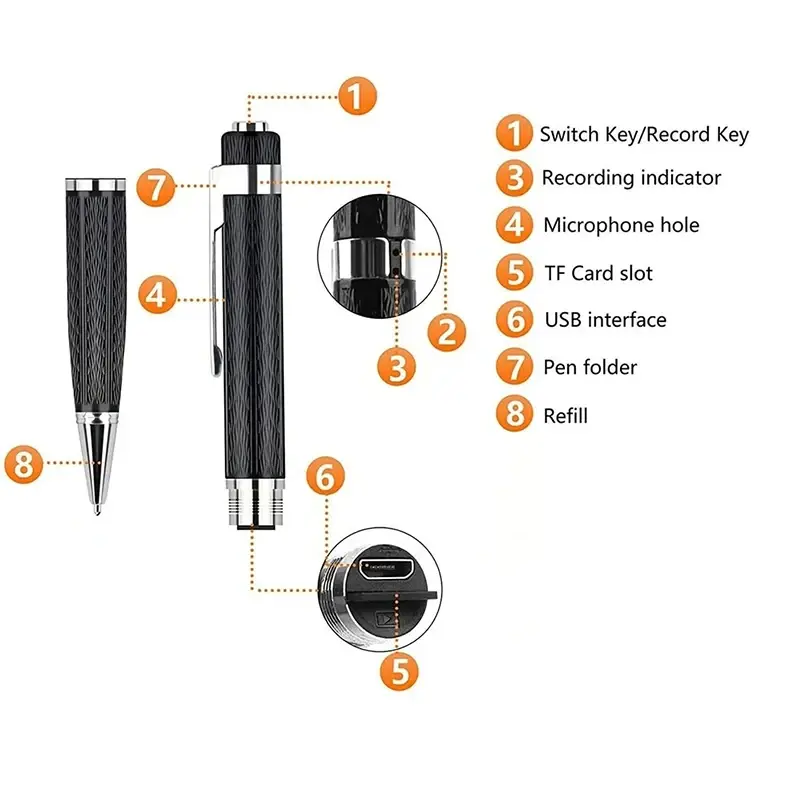 One-Touch Recording/Saving Pen+5 Replacement Refills,Data Cable,Earphones Portable Voice Recorder for Lecture Meeting Dictaphone