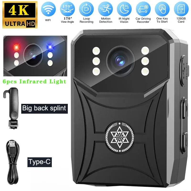 4K HD Mini Cameras with WIFi Digtal Video Recorder with IPS Screen Night Vision 3000mAh Police Body Camera Portable Camcorder