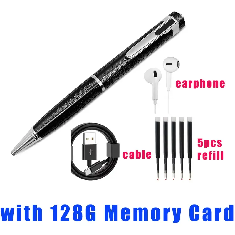 One-Touch Recording/Saving Pen+5 Replacement Refills,Data Cable,Earphones Portable Voice Recorder for Lecture Meeting Dictaphone