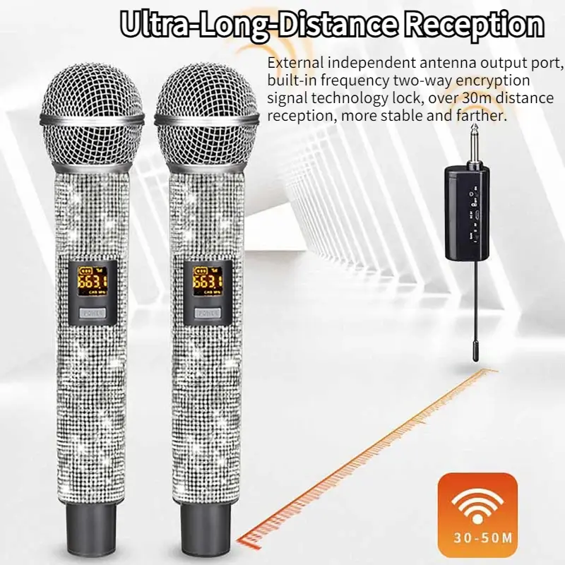 Microphone Professionnel VHF Diamond Dynamic Wireless Microphone with Receiver for Party, Wedding Church, Soundcard, Karaoke