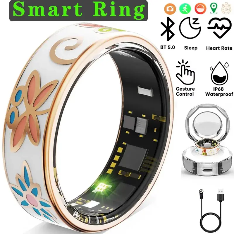 Color Enamels Smart Ring+Charging Case&Cable for Women Sleep Monitoring Blood Oxygen Health Measurement Multi-sports Mode Rings