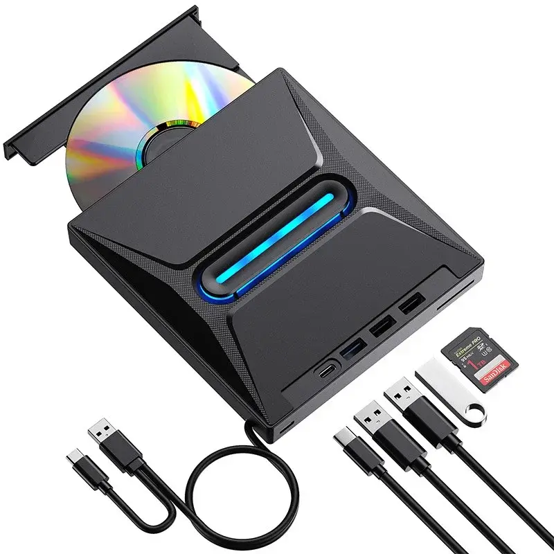 External Blu Ray Burner, CD DVD Burner, CD/DVD+/-RW Drive SD Card Reader, CD ROM Burner, DVD Player Hub-Co for Laptop Desktop