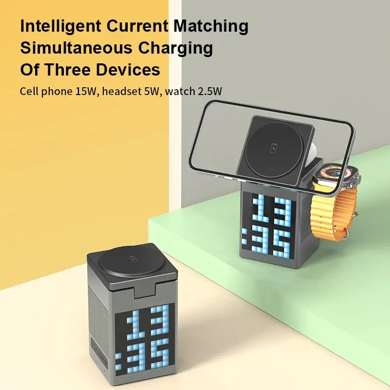6 IN 1 Wireless Magnetic Charger 5.3 Bluetooth Speaker Aluminum Alloy Cartoon Pixel Screen LED Clock for iPhone for Apple Watch