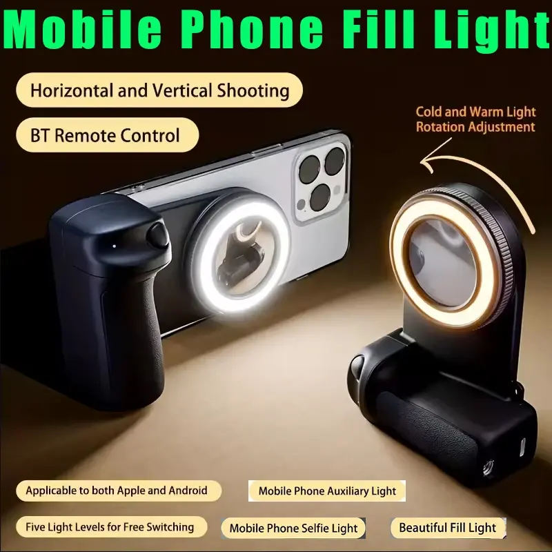 Bluetooth Phone Fill Lights for Shutter Phone Hand Grip Camera Handle Grip Selfie Stablizer Selfie Handle for iPhone 16 15 Vlog