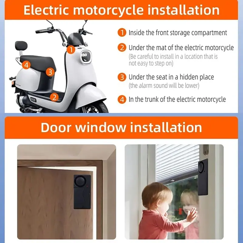 Loud Alarm 110dB Wireless Vibration Alarms with Remote Control for Door Window Motorcycle Bike Vehicle Security Anti-Theft Alarm
