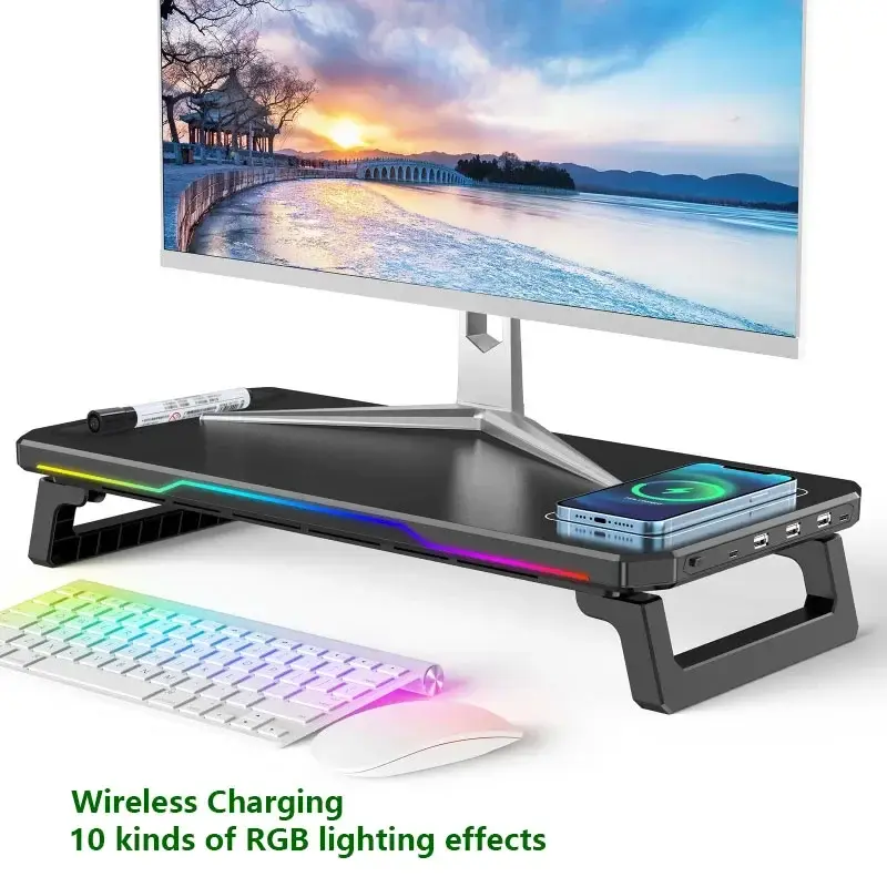 Computer Monitor Riser Stand-Multi-functional Foldable Desktop Organizer with Storage Base 4USB Charging RGB Light Strip Stander