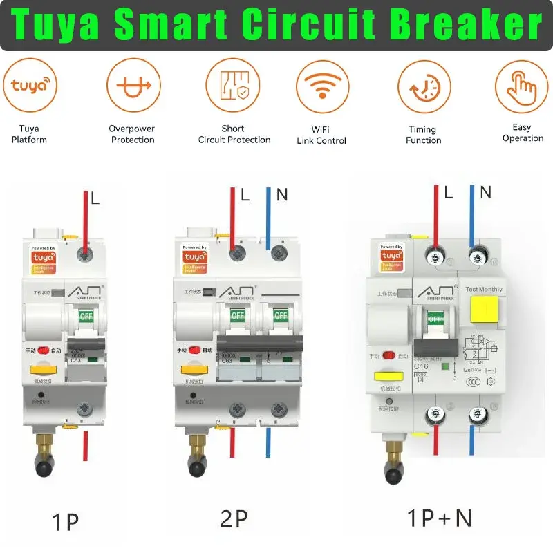 Tuya WIFI Circuit Breaker 230V 16A 32A 60A MCB Smart Life Remote Control Short Circuit Protection Timed Switch 1P/2P/3P/4P/1P+N