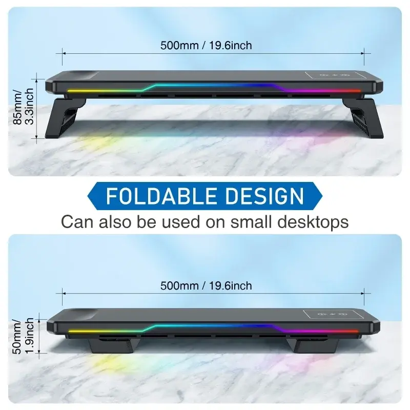 Computer Monitor Riser Stand-Multi-functional Foldable Desktop Organizer with Storage Base 4USB Charging RGB Light Strip Stander