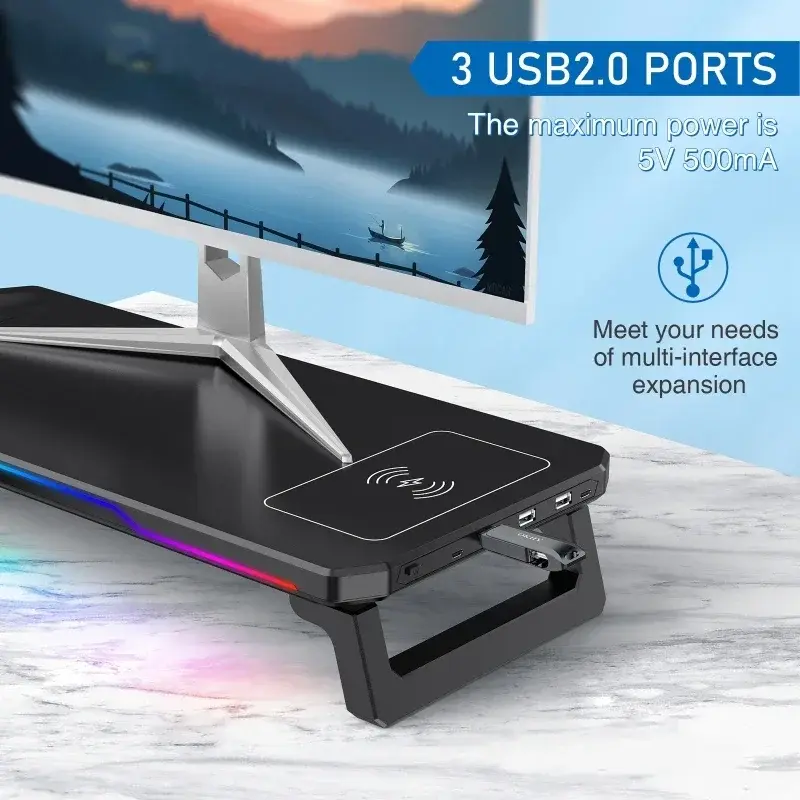Computer Monitor Riser Stand-Multi-functional Foldable Desktop Organizer with Storage Base 4USB Charging RGB Light Strip Stander