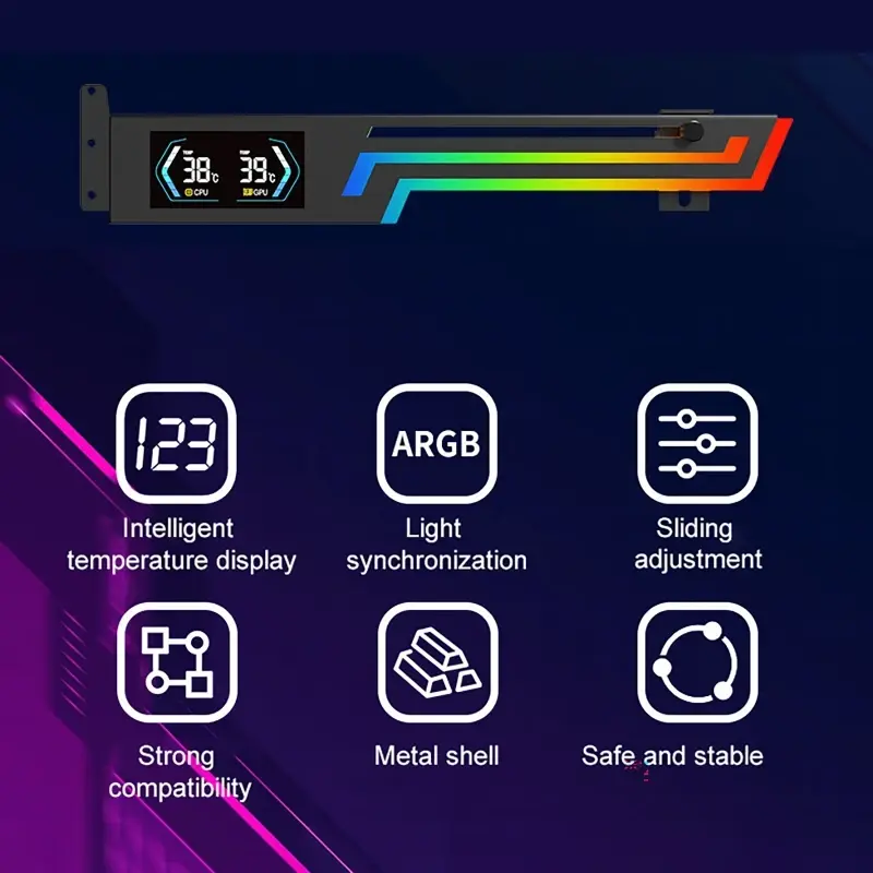 Bracket Computer Graphics Card VGA Holder Z-X6 Graphics Card ARGB Temperature Display 5V 3-PIN Height Adjustable for Computer